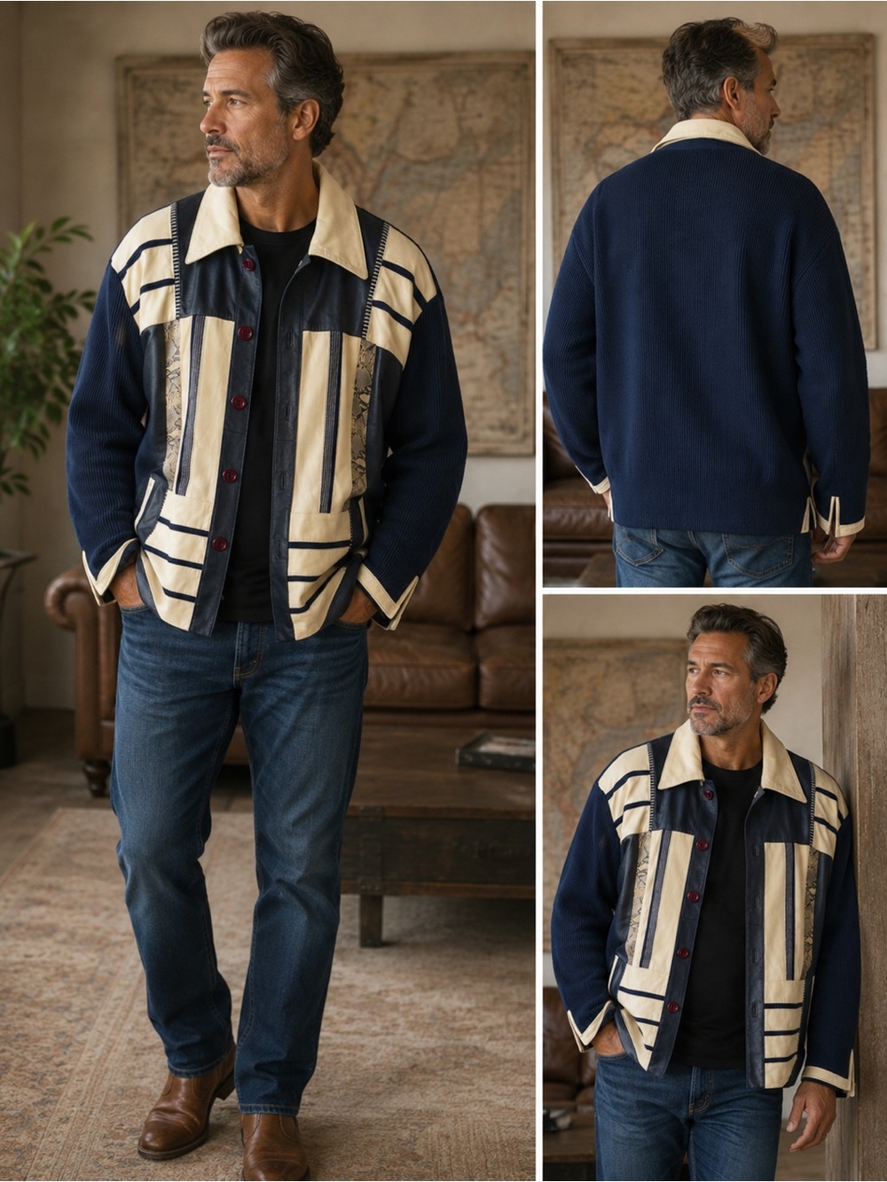 ManArt Vintage Patchwork Men's Jacket Featuring Contrasting Tan &
Blue Leather